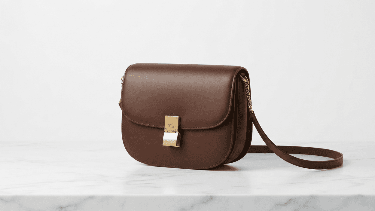 Brown leather Lagos crossbody bag with gold clasp on white marble